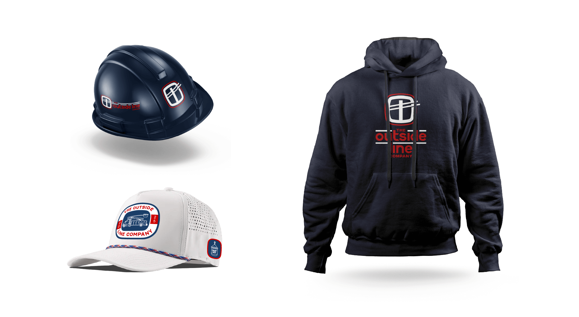 Mockups of a hardhat, hat, and hoodie for The Outside Line Company.