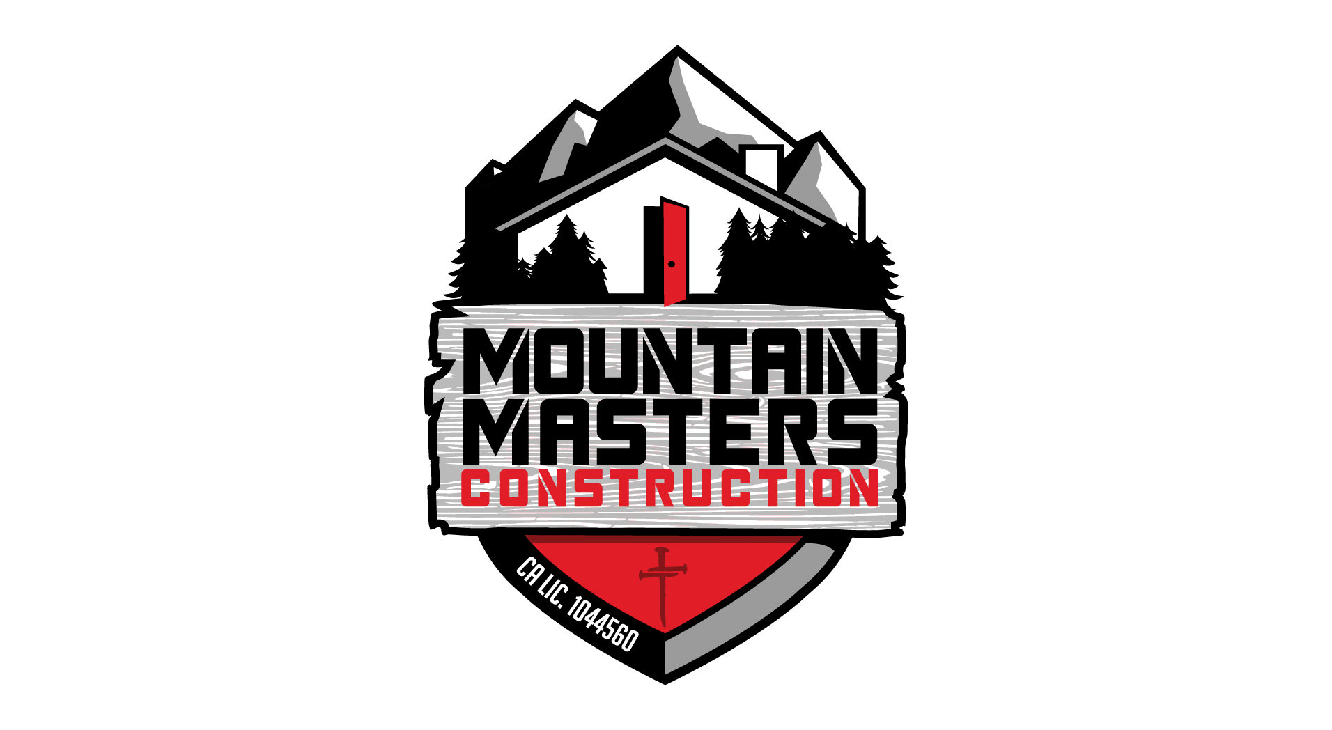 Logo for Mountain Masters Construction featuring a house with mountains in the background, a red door, trees, and a shield with construction details.