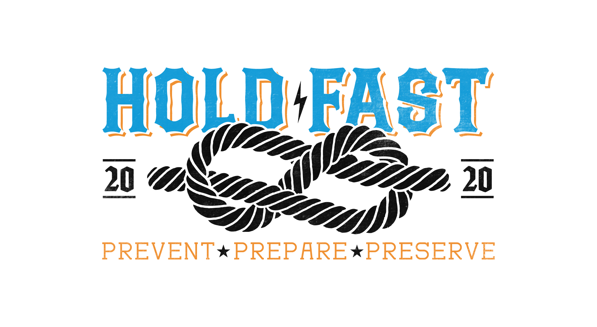 A logo with the text 'HOLD FAST' in blue and orange, featuring a black and white illustration of a coiled rope.