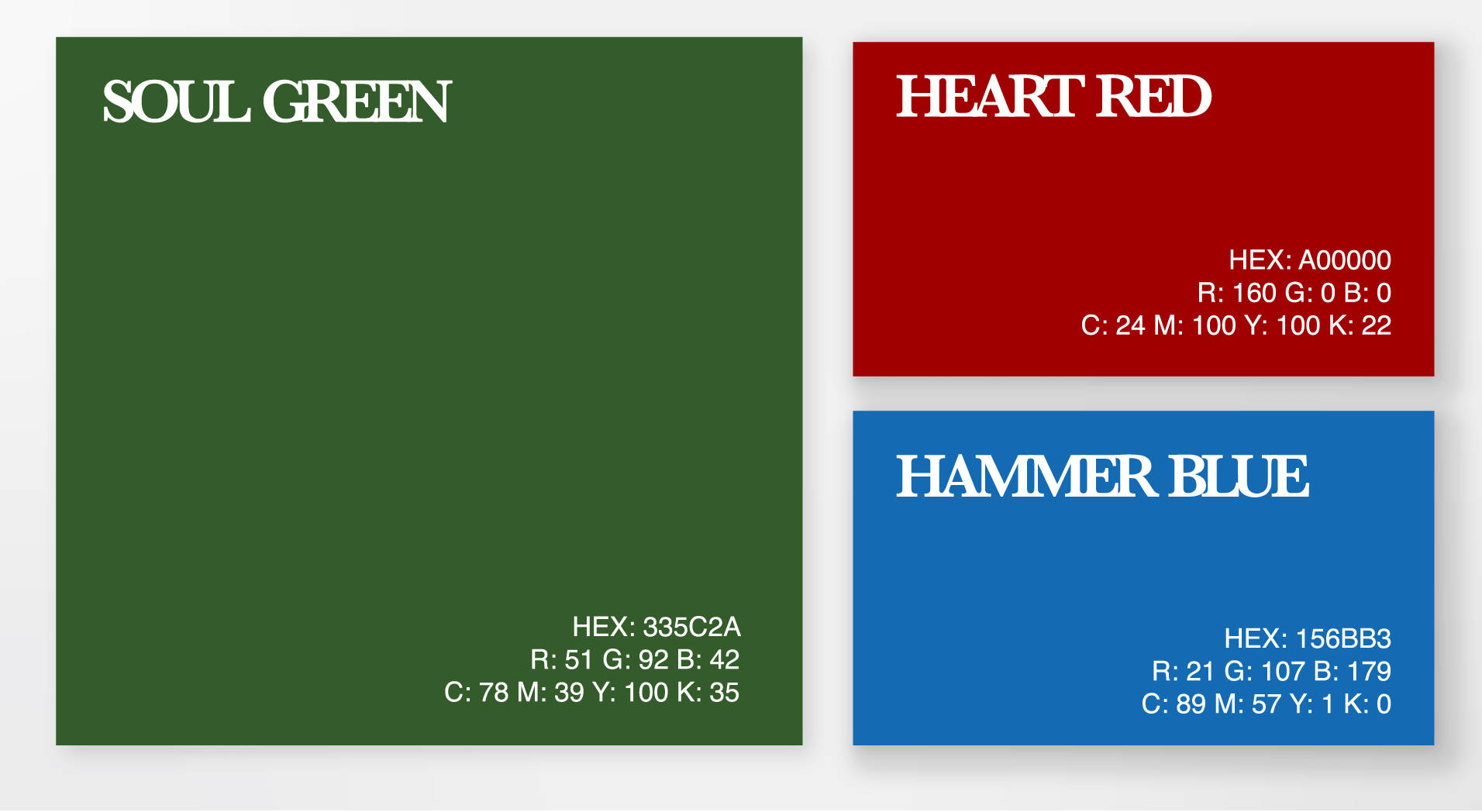 Color palette with four color swatches labeled: Soul Green, Heart Red, Hammer Blue, and an unlabelled color. Each swatch includes its hex code and RGB/CMYK values.
