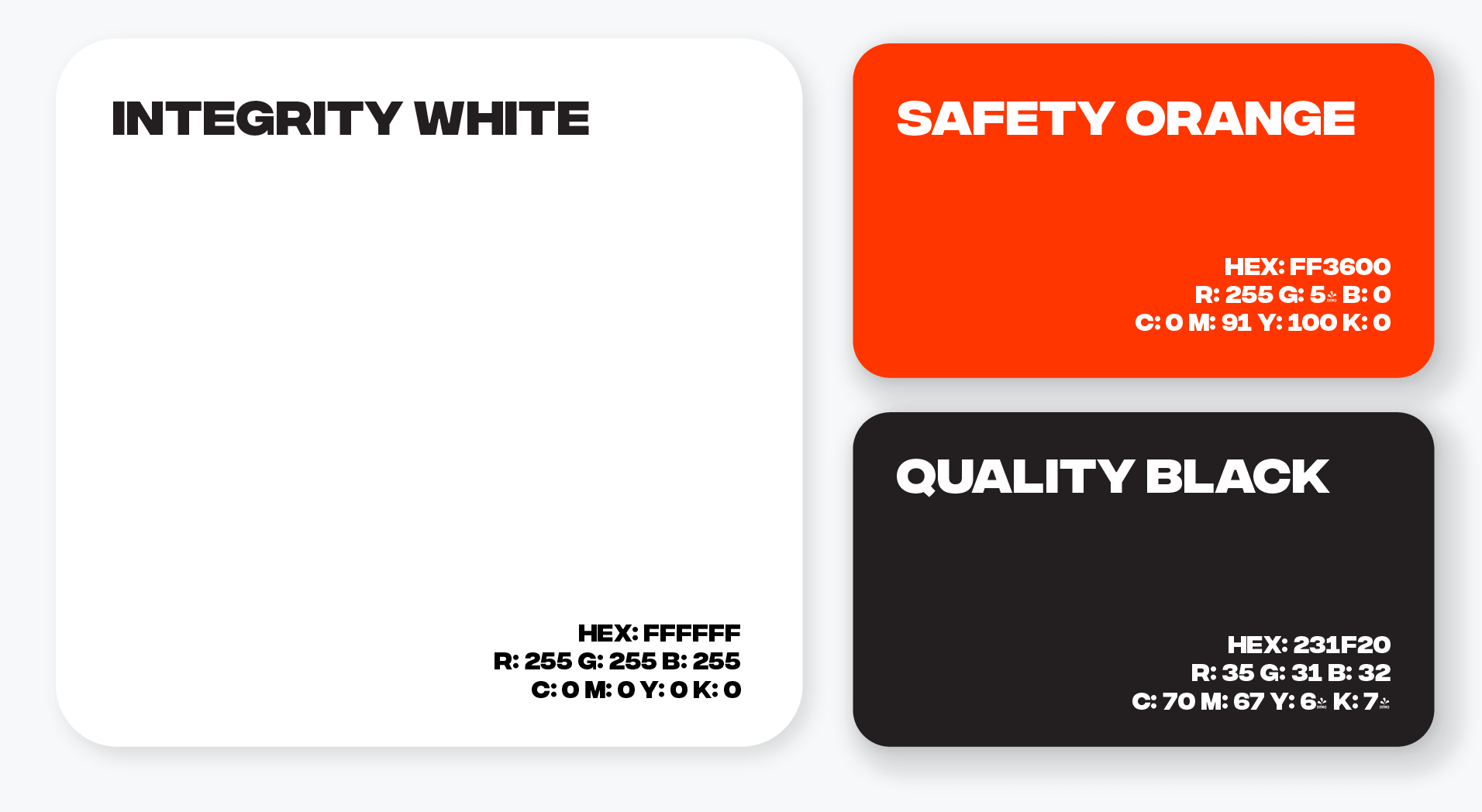 Color palette swith white, orange, and black cswatches, each labeled with names and color codes.
