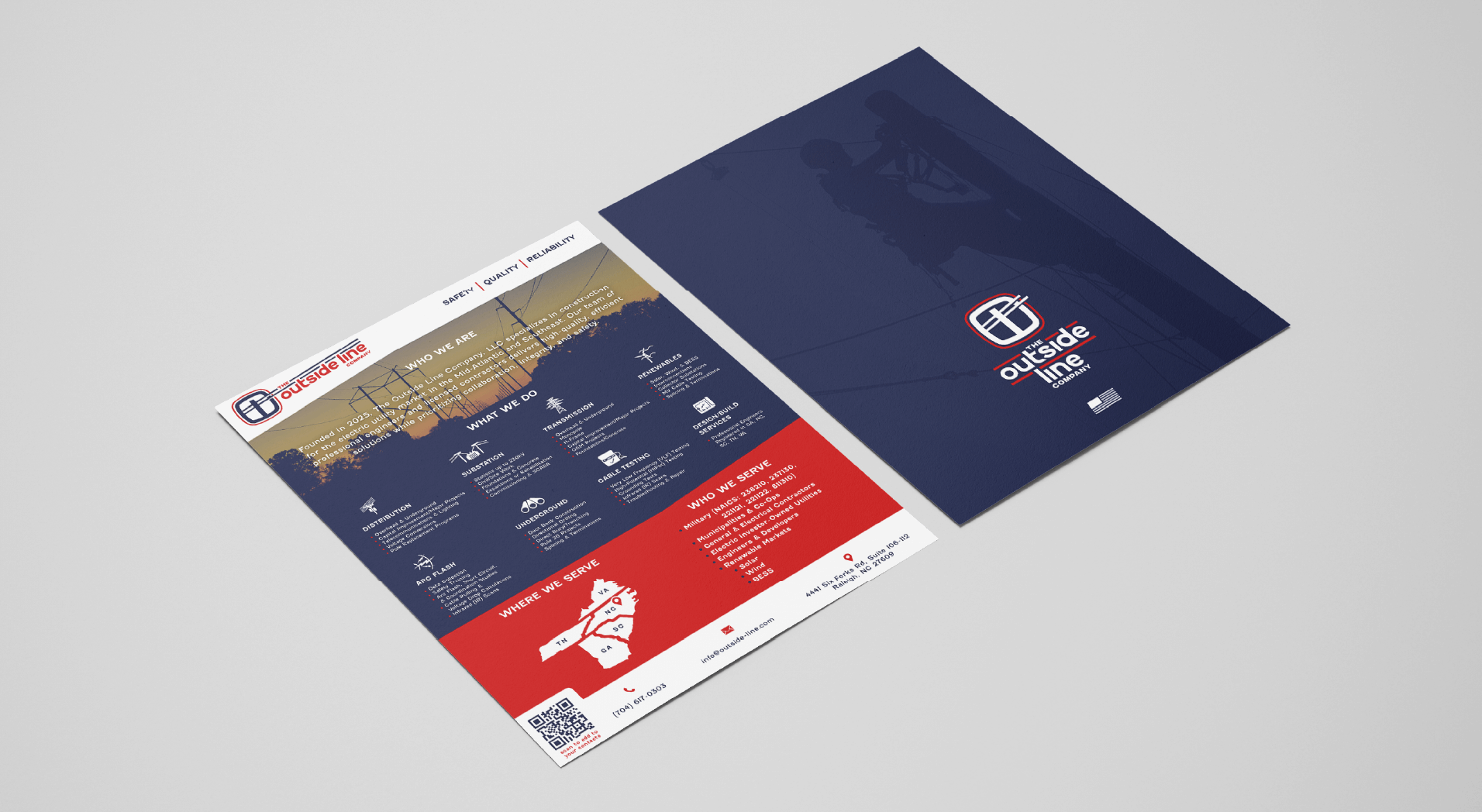 A printed brochure and a mailing envelope from The Outside Line Company, displaying their logo, services, locations, and contact information on a light grey background.