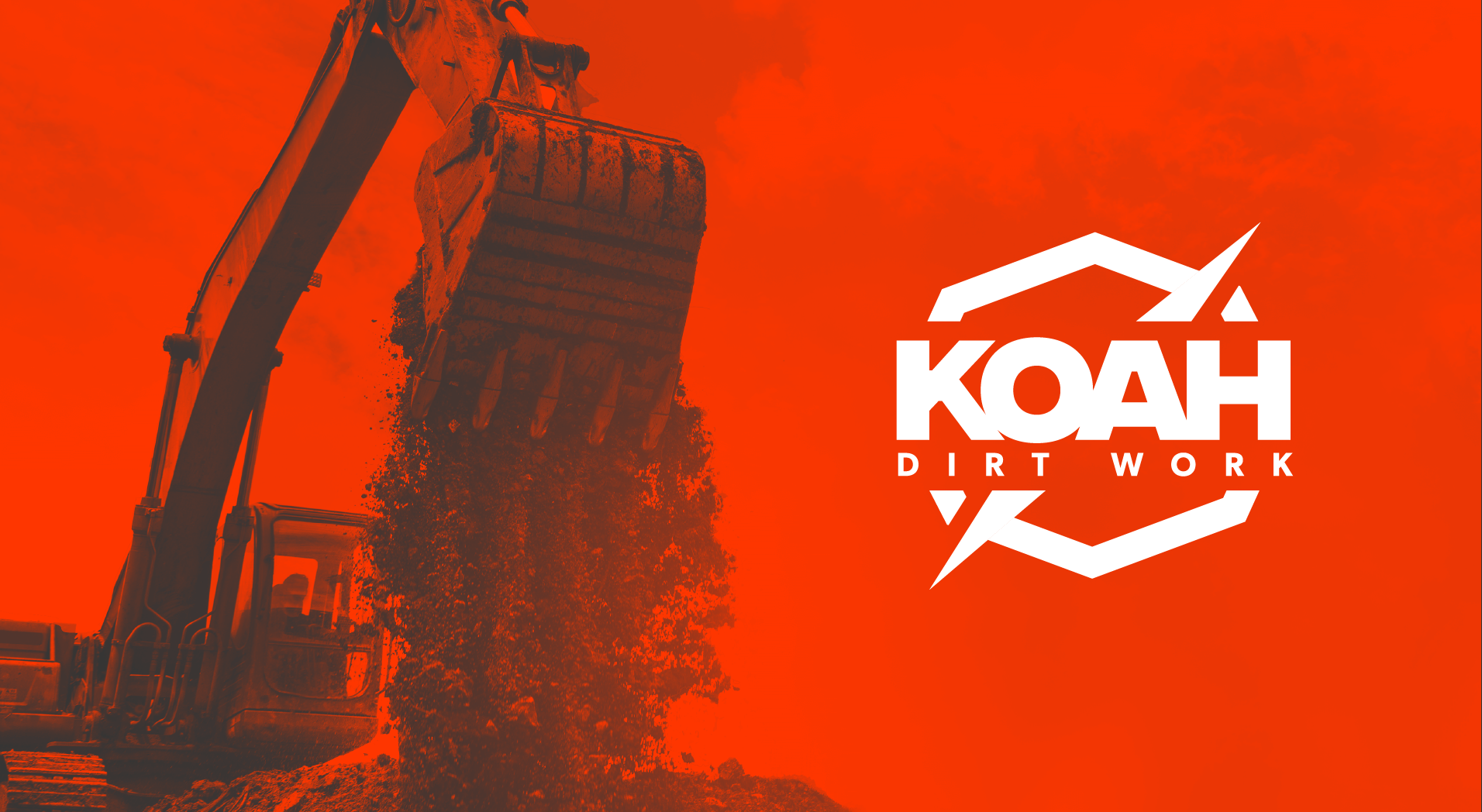 An orange background with an illustration of an excavator scooping dirt and the white logo for KOAH DIRT WORK.