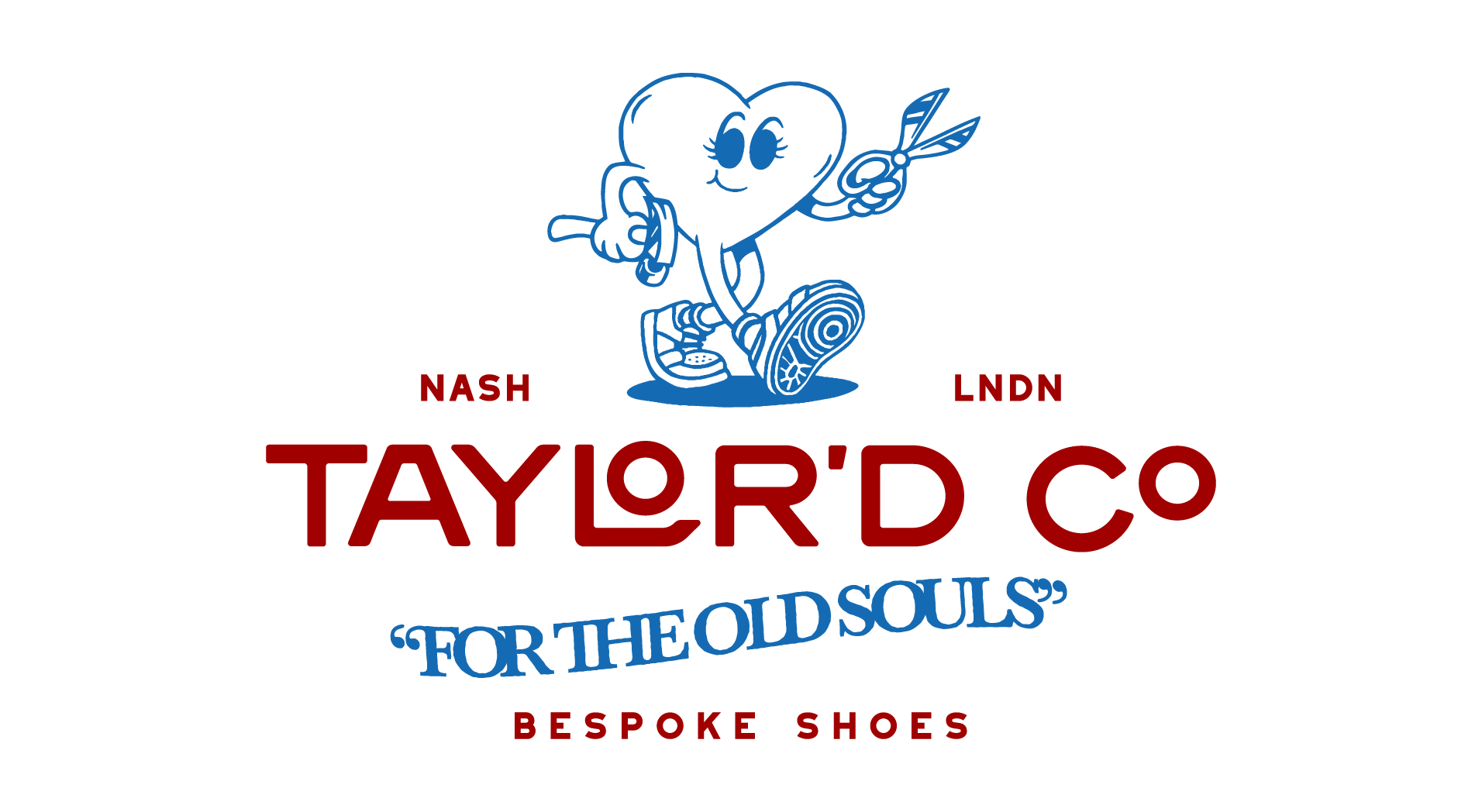 A logo for Taylor'd Co, featuring a cartoon heart character wearing sneakers, holding a pair of scissors, with text 'NASH', 'LNDN', 'TAYLOR'D CO', '