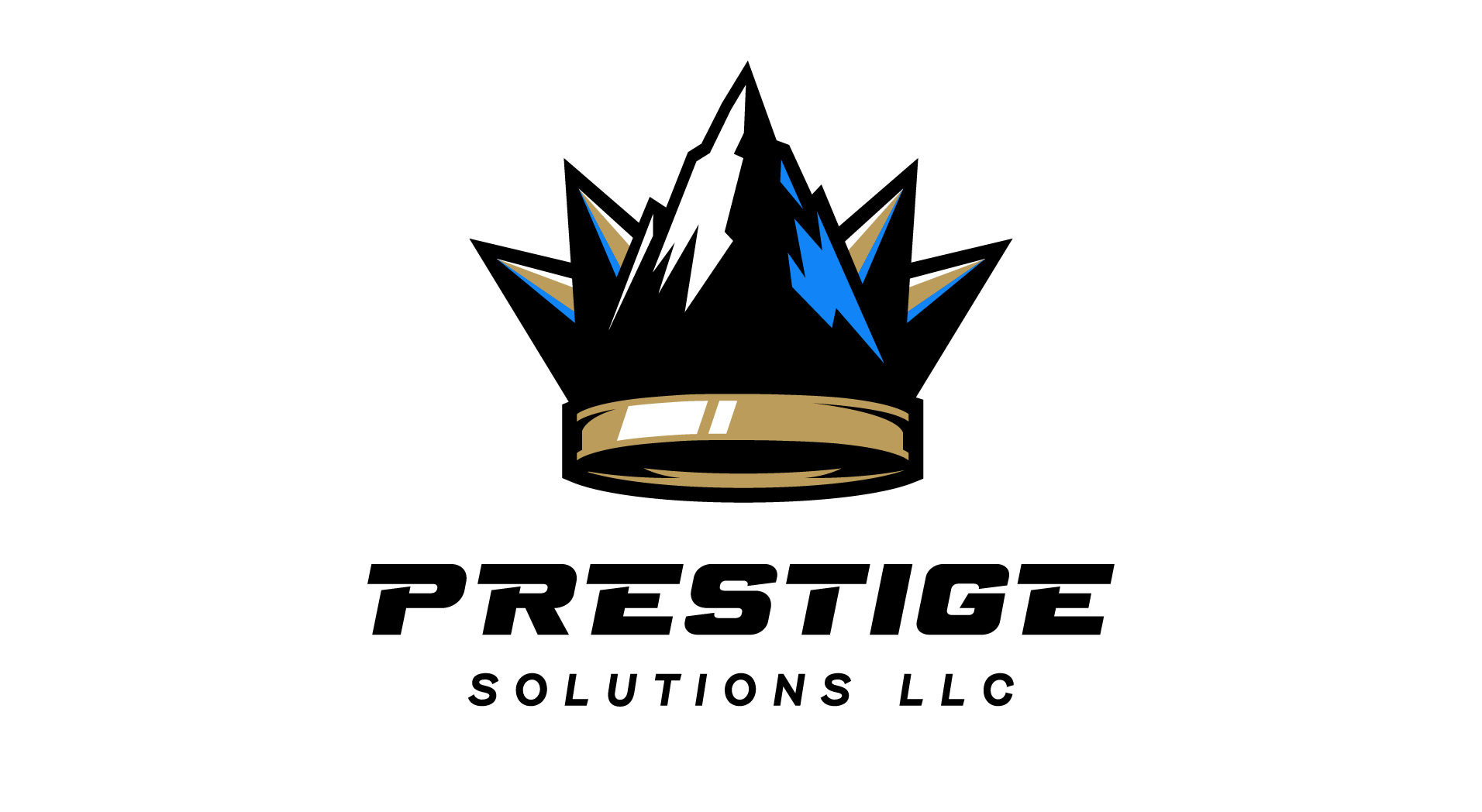 A stylized logo featuring a crown with mountain features, in white, blue, and gold colors, on a black background.