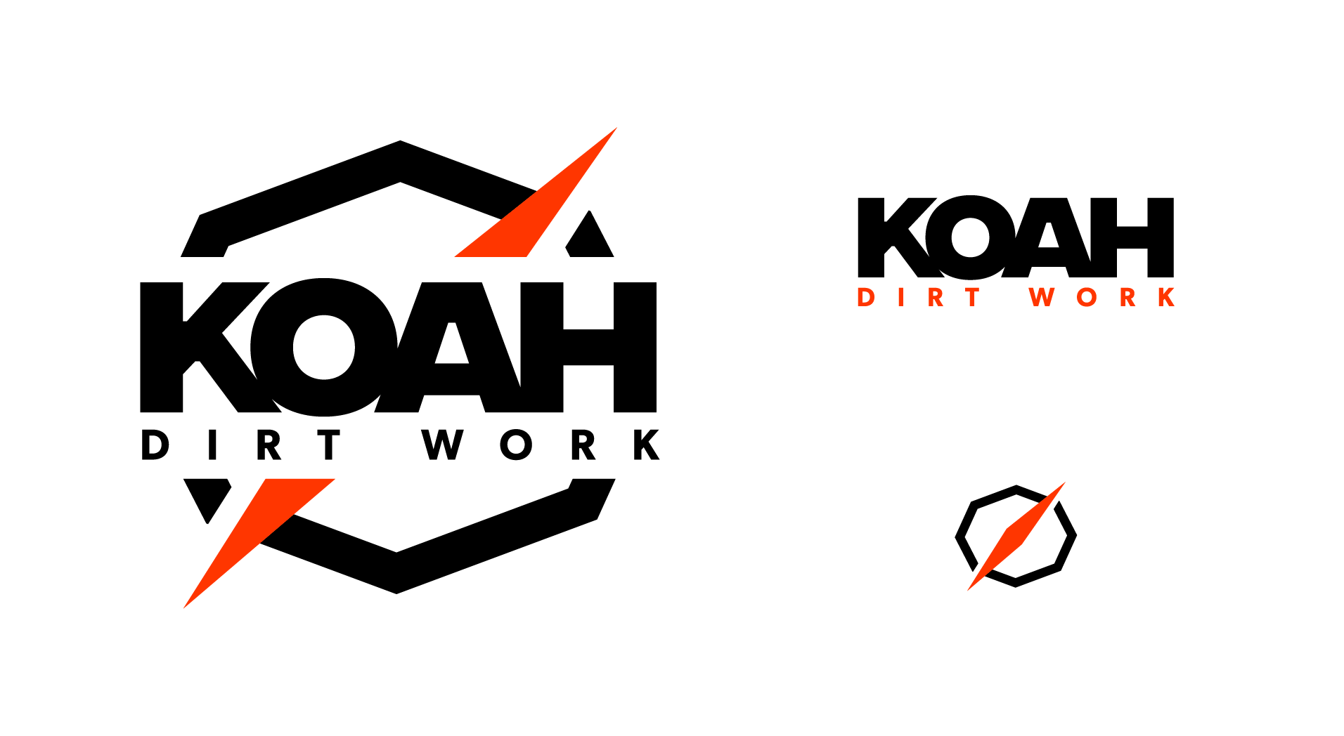 Logo for KOAH Dirt Work featuring bold black text, orange accents, and geometric compass design elements.