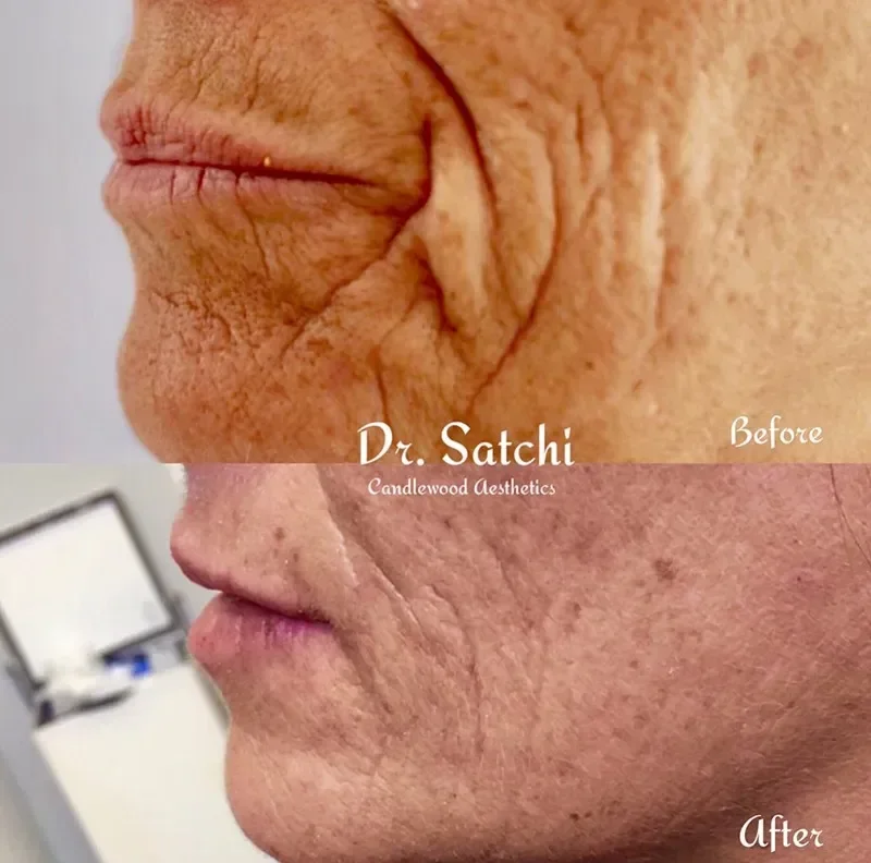 Close-up side-by-side comparison of elderly person's face showing significant skin wrinkle reduction in the "after" image.