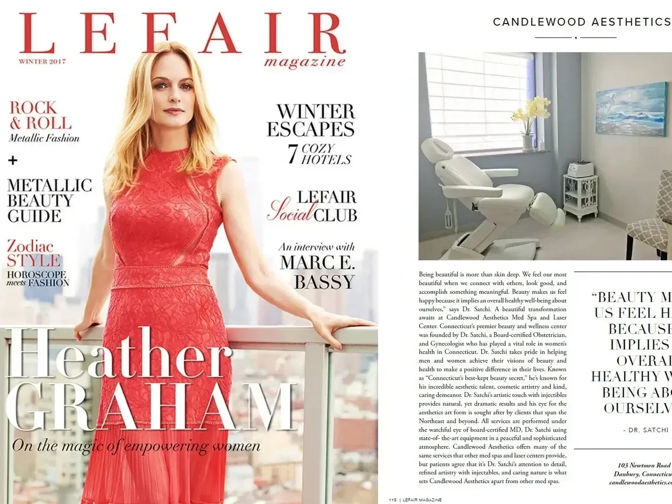 Cover of LEFAIR magazine Winter 2017 featuring a woman in a red lace dress, and an interior image of a medical examination room with a dental chair, window, and artwork.