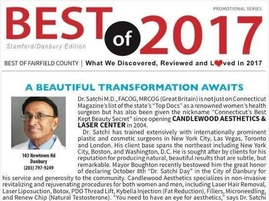 Close-up of the top part of a promotional page for the 2017 Best of Fairfield County awards, with the title in large red and black text, and a section highlighting a beauty and cosmetic surgery business, featuring a photo of Dr. Satchi M.D., and info
