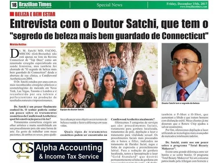 Front page of Brazilian Times newspaper featuring an interview with Dr. Satchi about his beauty treatments and services, with a group photo of staff and a photo of Dr. Satchi.