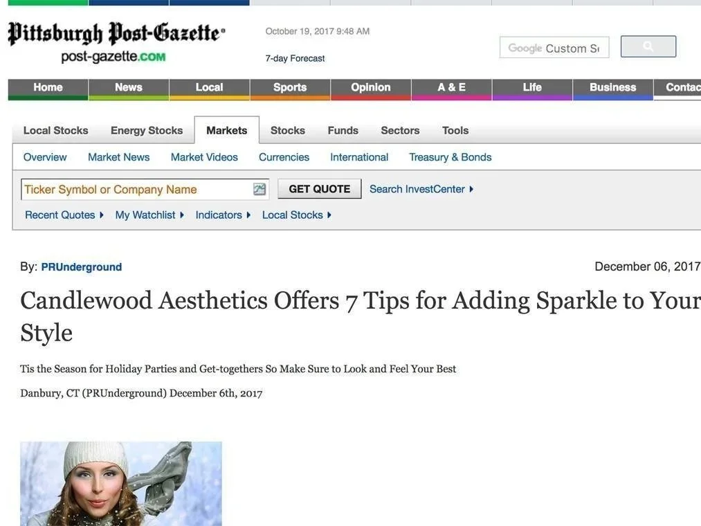 Screenshot of a news article webpage from the Pittsburgh Post-Gazette titled "Candlewood Aesthetics Offers 7 Tips for Adding Sparkle to Your Holiday Style," published on December 6, 2017. The webpage includes navigation tabs for news and stock market