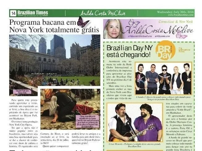 A newspaper page featuring articles and pictures about Brazilian cultural events in New York, including a free concert at Bryant Park, a doctor offering aesthetic treatments, and musicians performing, with photos of performers and a city park scene.