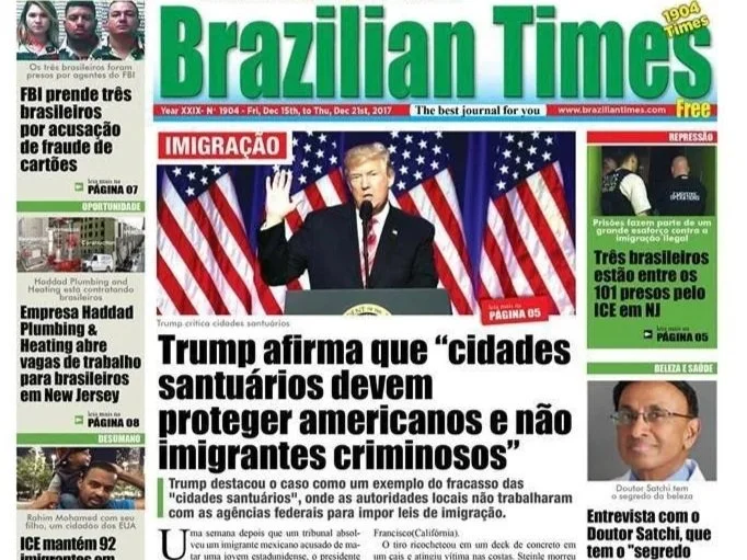 Front page of Brazilian Times newspaper featuring a headline about Donald Trump with American flags in the background, and a photo of him speaking. Includes smaller sections with news about Brazilian crime suspects, company jobs, a beauty clinic inte