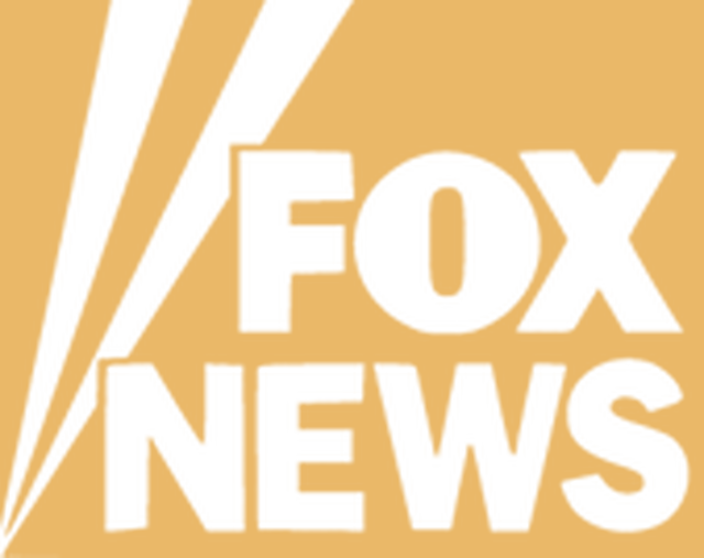 Fox News logo with black text on a gold background with black and gold diagonal stripes.