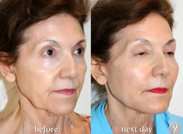 Side-by-side photos of an elderly woman showing improved skin appearance and reduced wrinkles from before to next day, after a skincare treatment.
