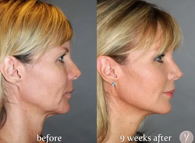 Side-by-side comparison of a woman's face showing results before and nine weeks after cosmetic treatment, with noticeable improvement in skin tightness and facial appearance.