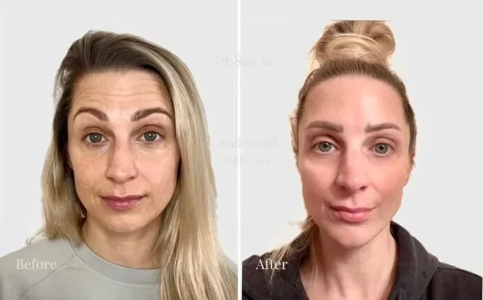 Side-by-side comparison of a woman's face before and after a skincare or makeup treatment, showing improved skin tone and texture.