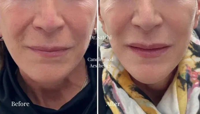 Comparison of a person's face before and after skin treatment showing improved skin texture and appearance.