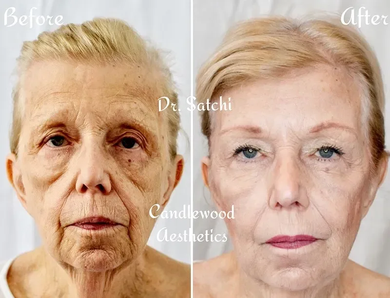Side-by-side comparison of an elderly woman's face before and after cosmetic treatment, showing signs of aging improvement with smoother skin and reduced wrinkles.