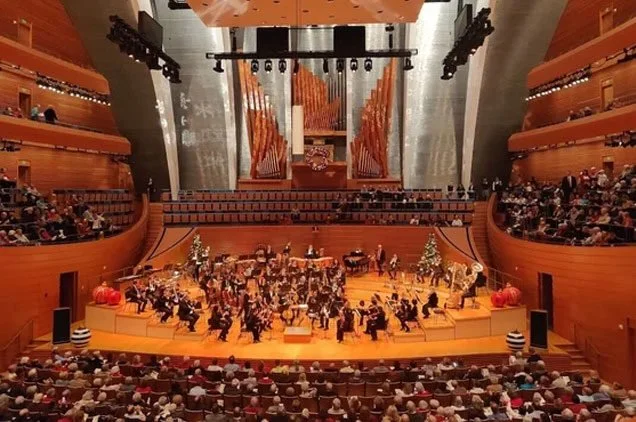Symphony orchestra performing on stage in a concert hall with an audience seated in the foreground and Christmas trees on stage.