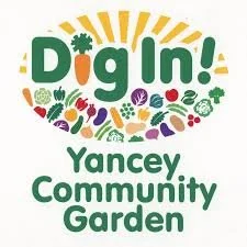 Logo for the Dign! Yancey Community Garden featuring colorful illustrations of vegetables and gardening tools.