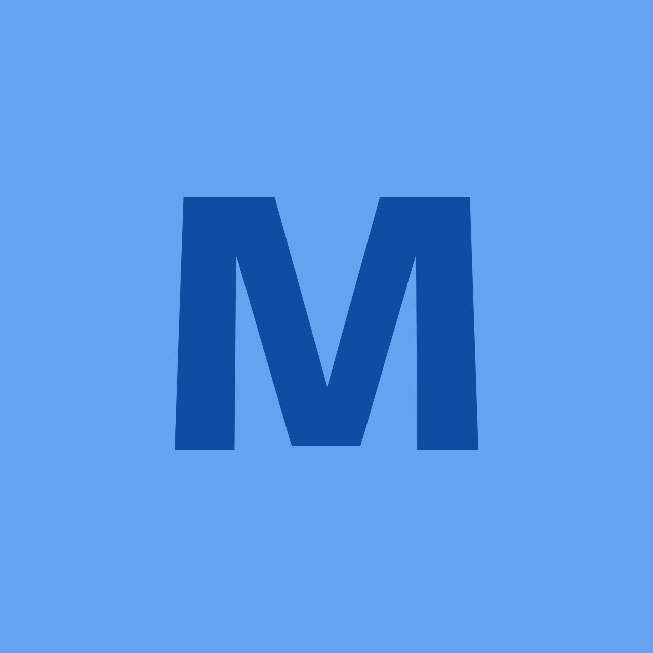 Blue background with a large letter M in the center.