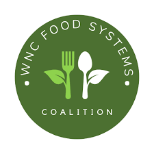 Green circular logo for WNCC Food Systems Coalition with a fork, spoon, and leaf design inside.