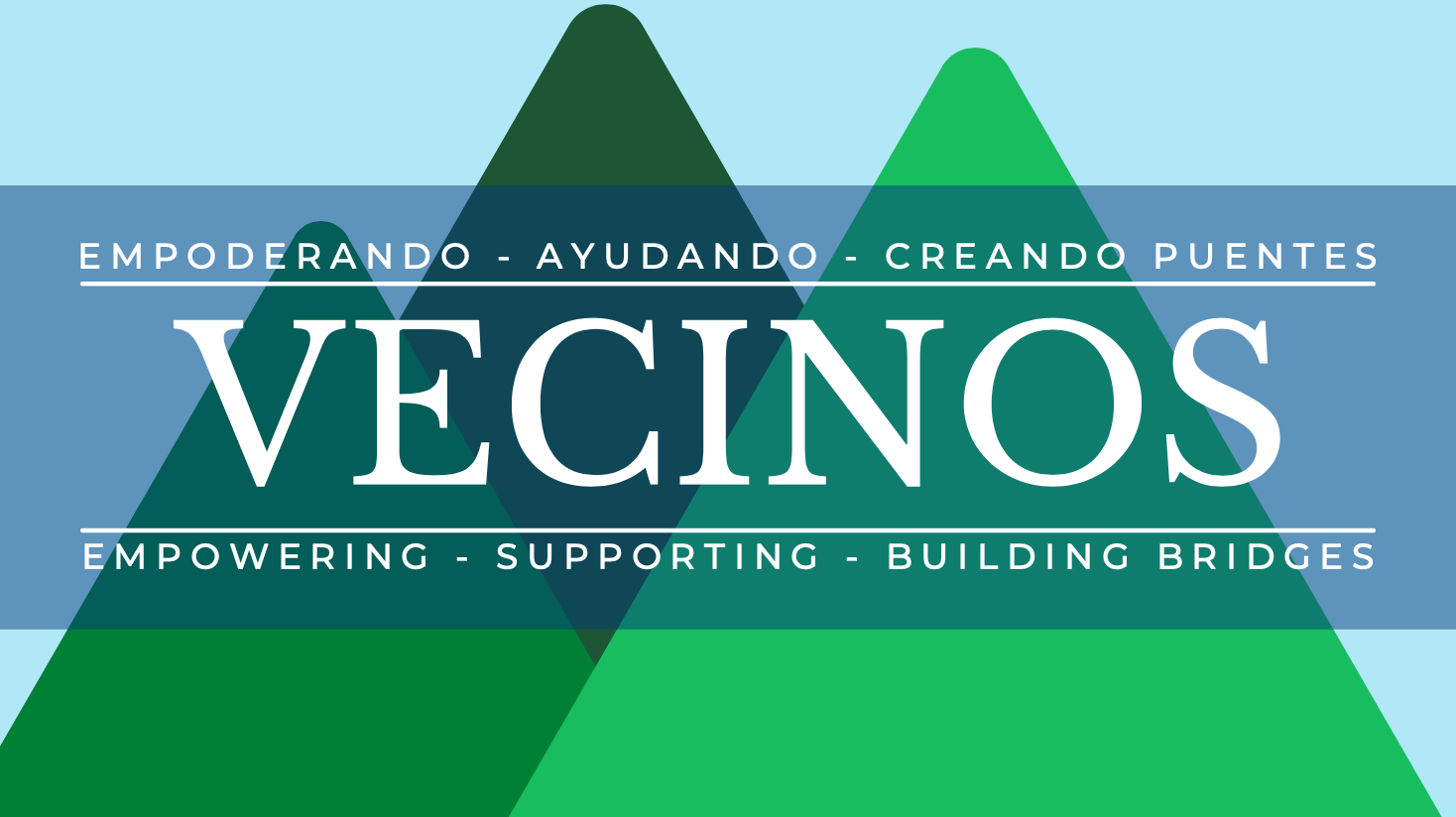 Graphic with mountains and text promoting community support and empowerment.