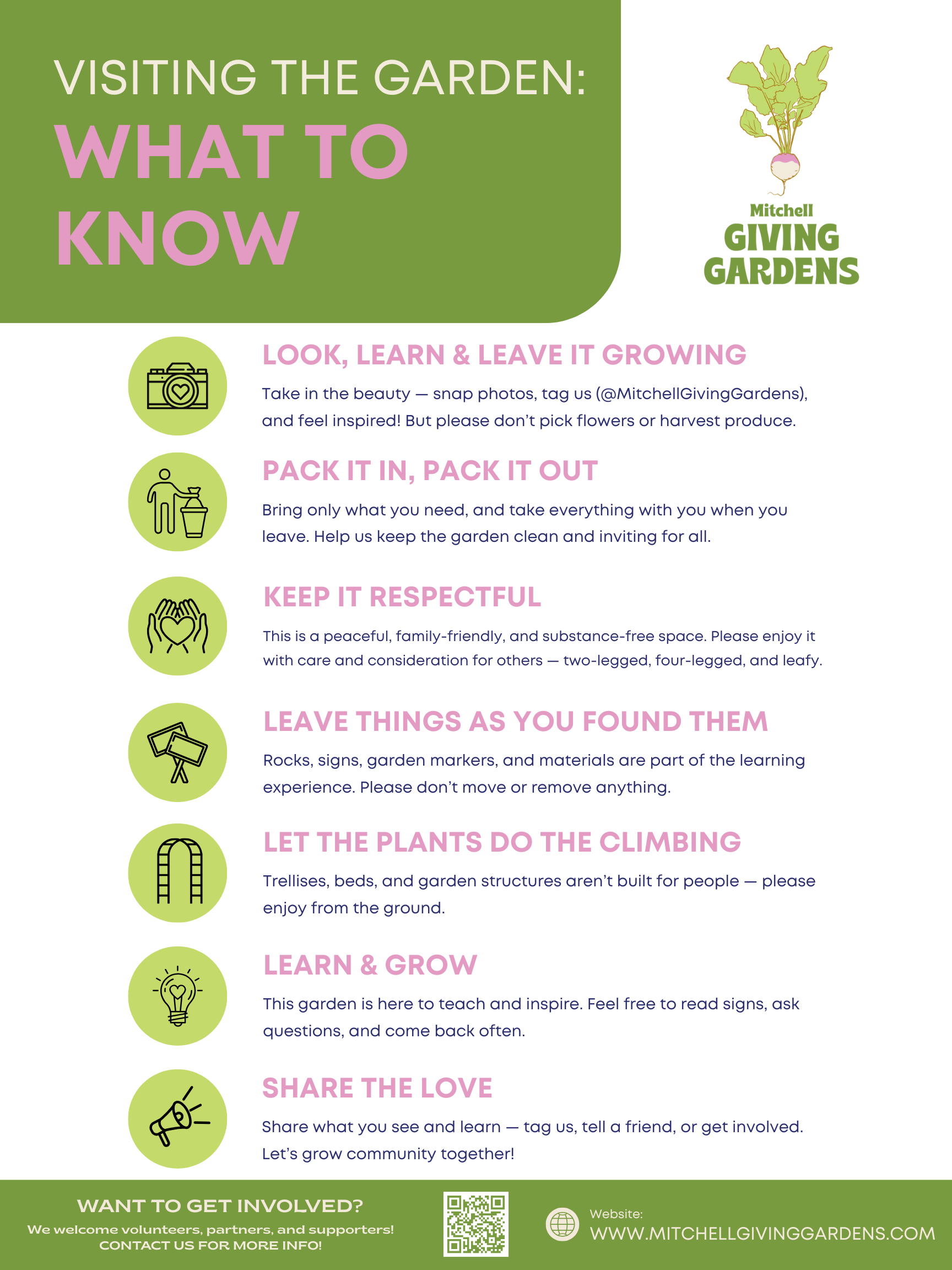 A colorful informational guide for visiting a garden, featuring a green background with pink and white text. It includes tips on observing, respecting, and learning from the garden, along with icons representing photography, packing out trash, respect, leaving items, plant climbing, learning, and sharing.