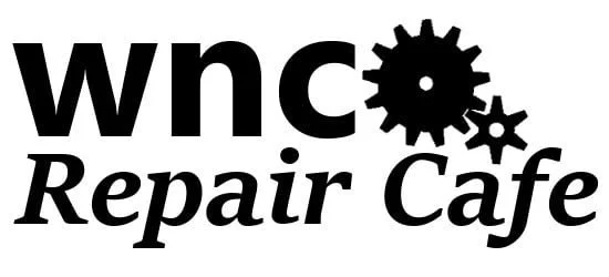 Logo of WNC Repair Cafe with black text and gear symbols.