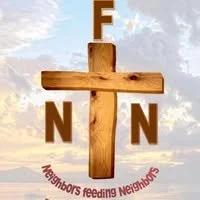Wooden cross with the word 'FAITH' arranged around it, and the phrase 'Neighbors Feeding Neighbors' at the bottom.