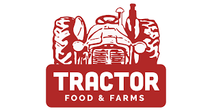 Logo for Tractor Food & Farms featuring a stylized red tractor above the text 'TRACTOR FOOD & FARMS' in bold capital letters.