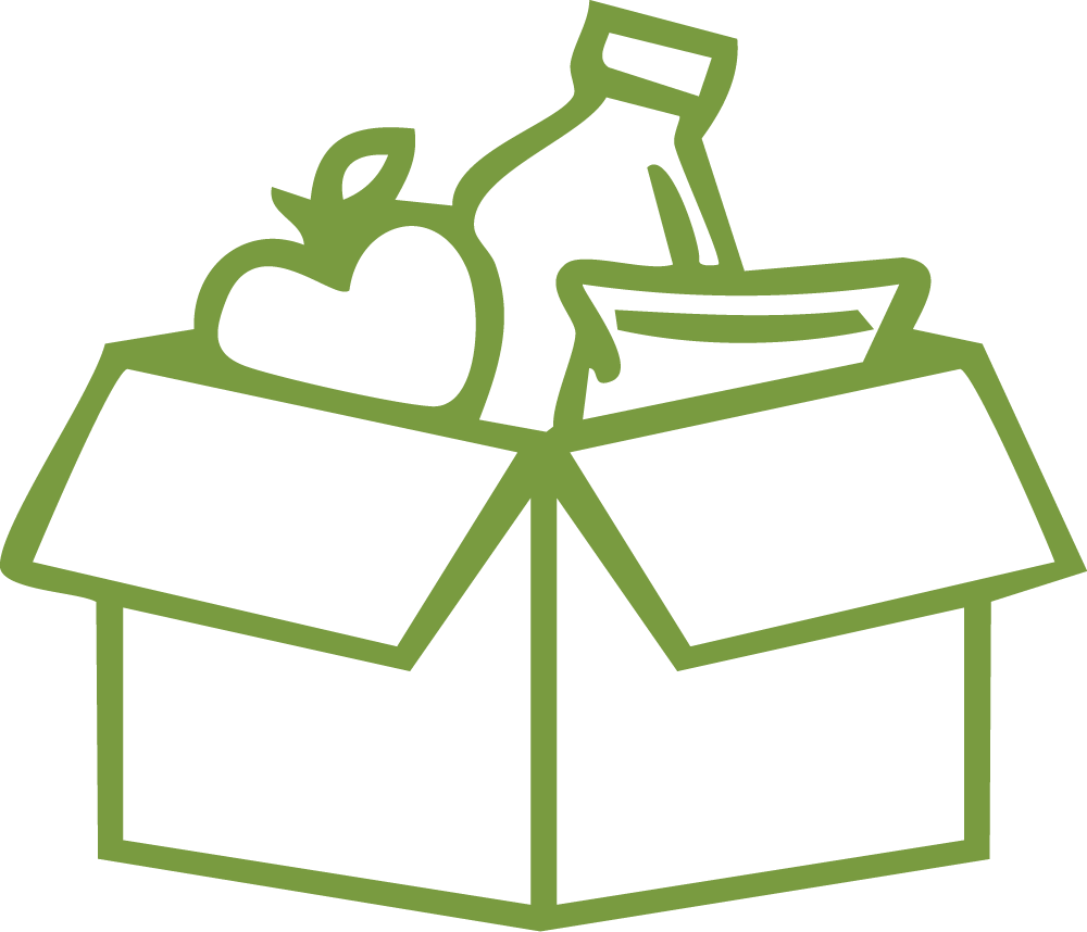 Outline drawing of a cardboard box filled with a milk bottle, an apple, and an open container.