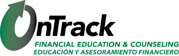 Logo featuring a green apple with a leaf, alongside text reading 'Financial Education & Counseling' and 'Educación y Asesoramiento Financiero' in green.