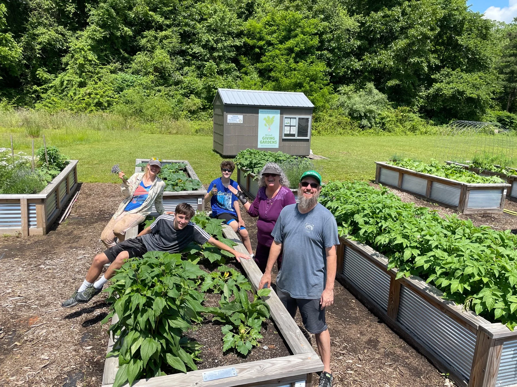 Group of five people in a garden with raised vegetable beds, smiling and posing for the photograph on a sunny day.