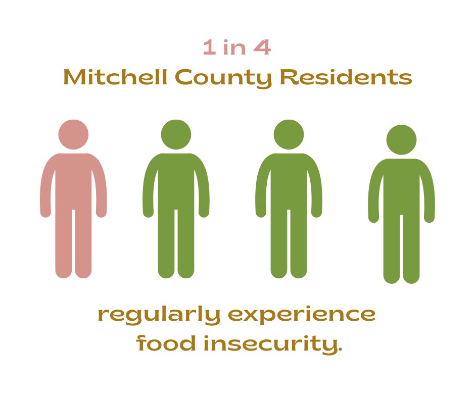 Infographic showing 1 in 4 Mitchell County residents regularly experience food insecurity, with four stylized human figures and text.