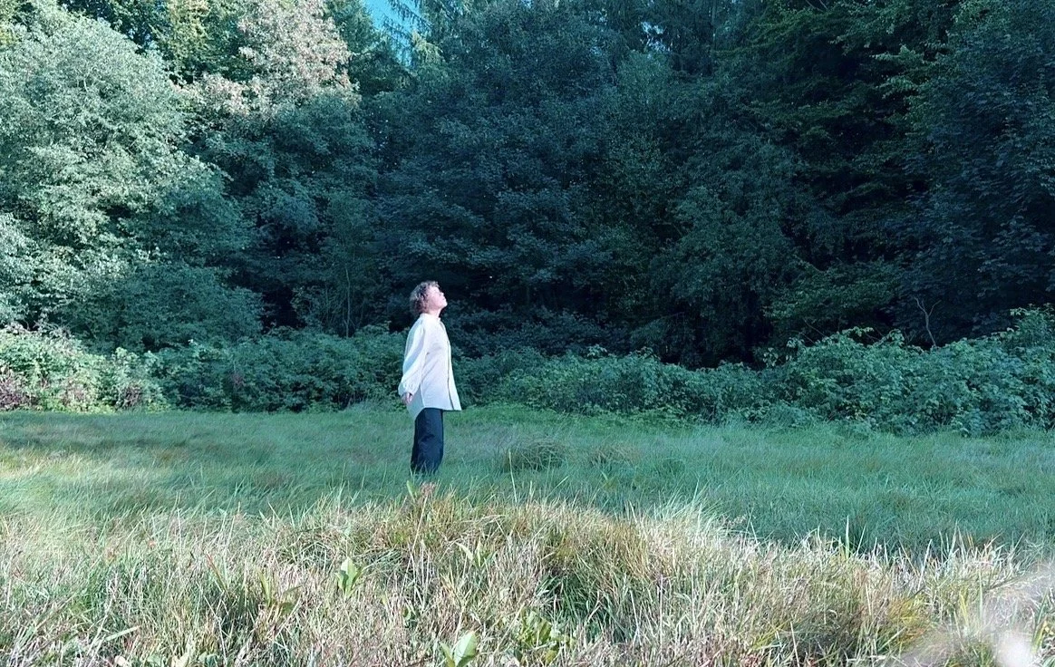 A tranquil scene of a person standing in a sunlit meadow surrounded by dense forest, evoking calm, connection to nature, and outdoor serenity.