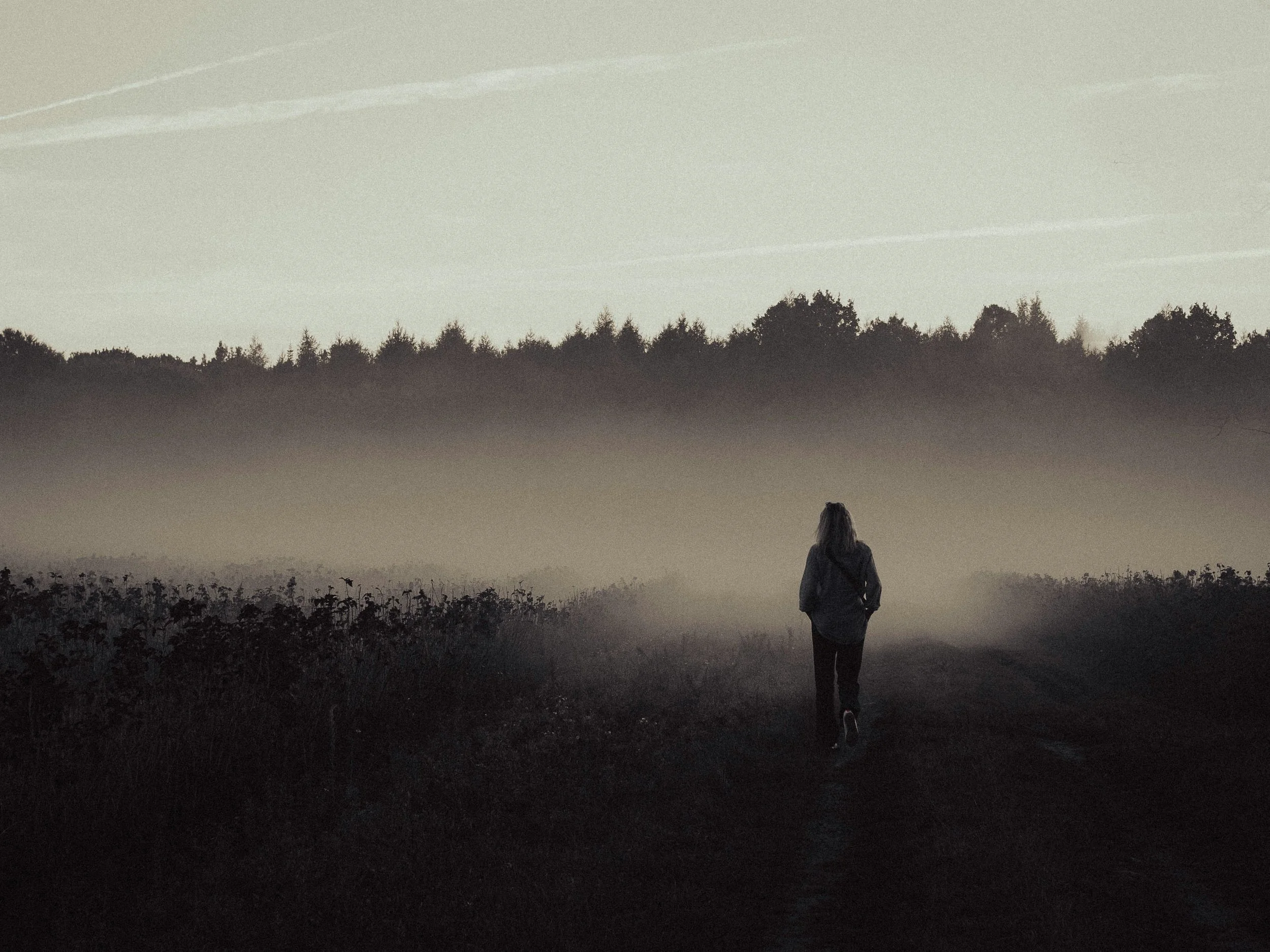 Eine Person läuft auf einem verfärbten Feldweg im Morgengrauen durch Nebel mit Bäumen im Hintergrund.