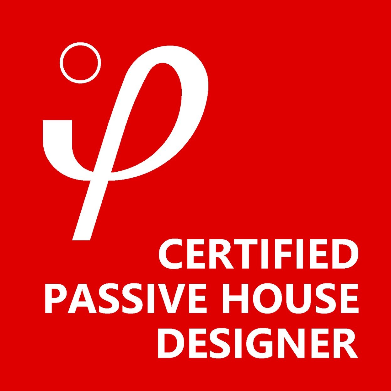 Red background with white text and logo reading 'Certified Passive House Designer' with a stylized 'p' and 'i' logo.