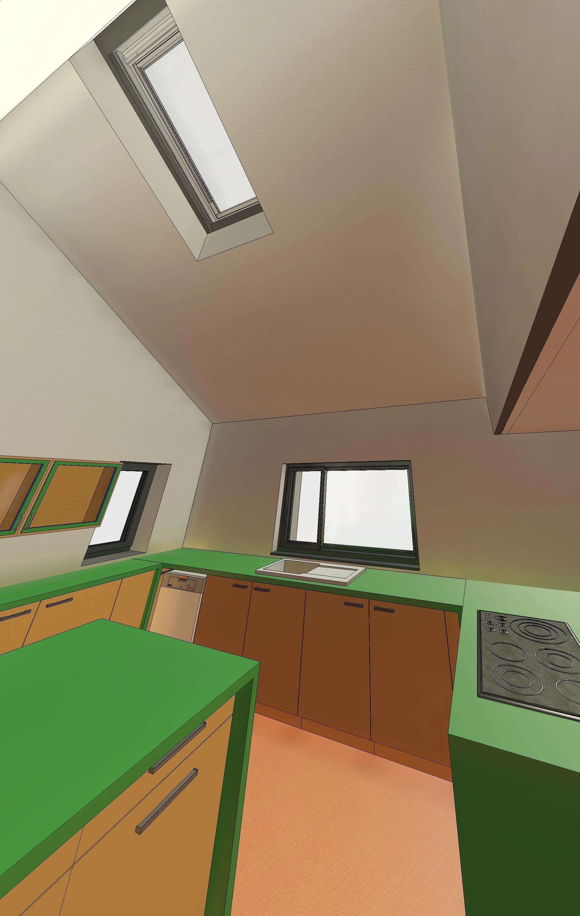 3D render of the kitchen looking south