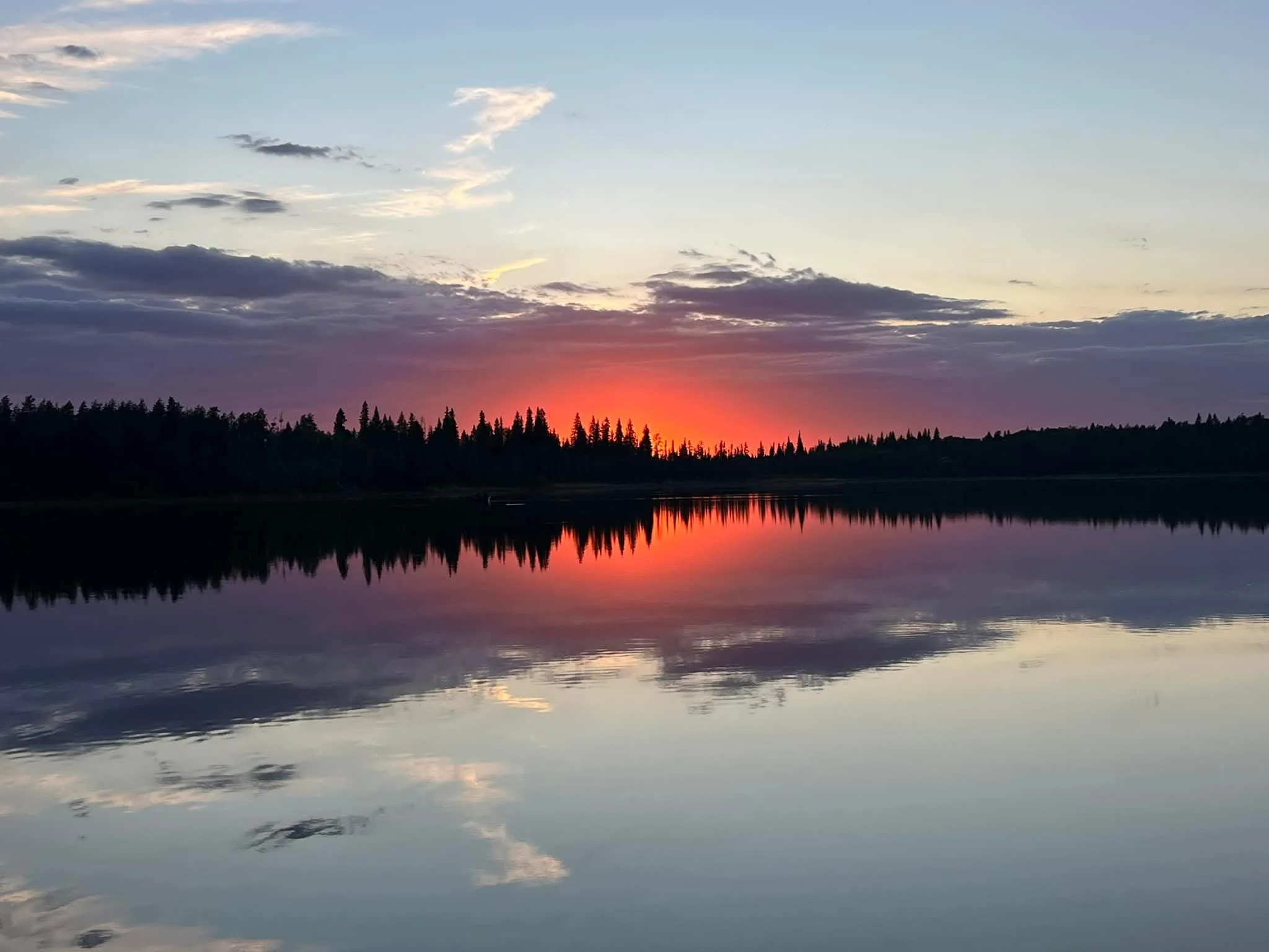 Sunset over a calm lake with a silhouette of trees along the horizon