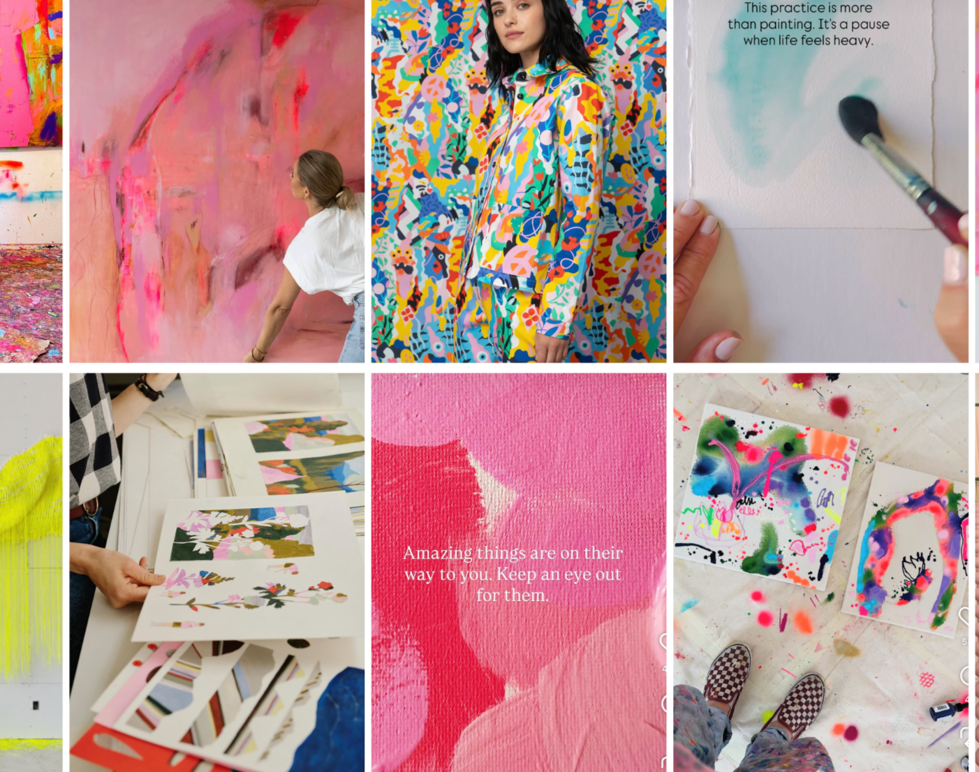 Collage of six images depicting various art activities, including painting on large canvases, a woman in colorful patterned clothing, drawing, and vibrant artwork with paint splashes and designs. There is also a motivational quote about keeping an eye out for wonderful things.