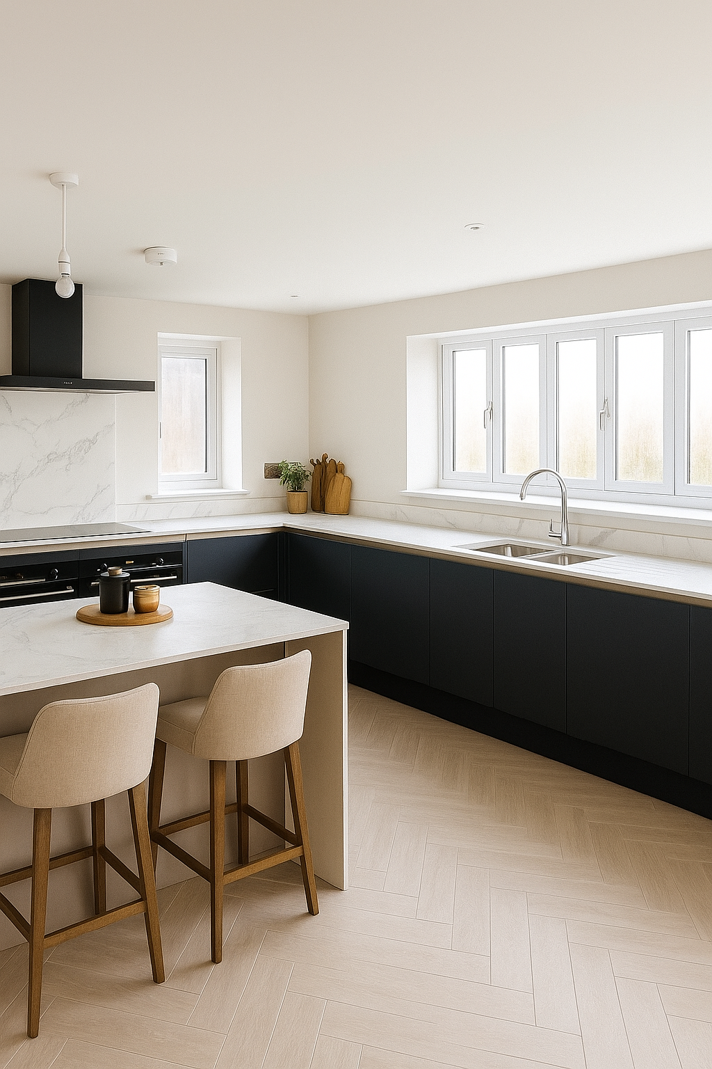 Modern kitchen with black lower cabinets, a white marble countertop, and a large window above the sink, beige bar stools at a white island, and minimal decor.