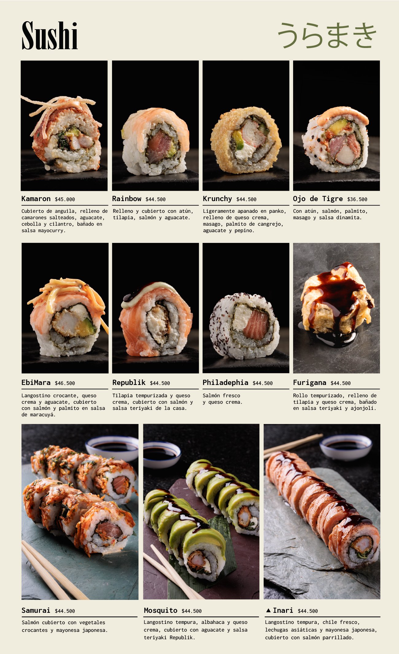 Menú de sushi con diferentes tipos de rollos y nigiris, cada uno con ingredientes variados y precios en pesos colombianos.
