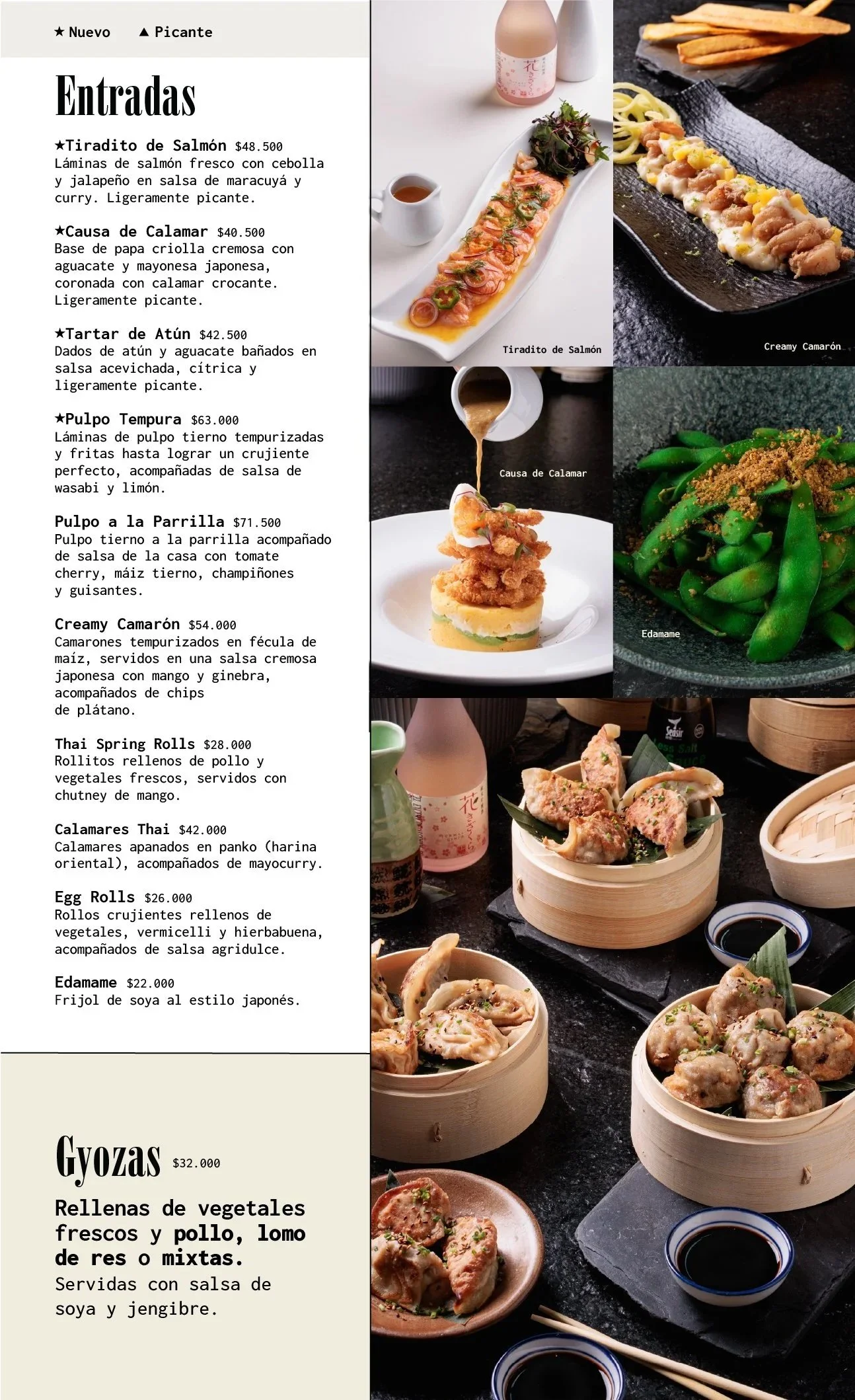 Menú de platillos asiáticos con fotos de diferentes entradas, incluyendo tiradito de salmón, causa de calamar, y gyozas, además de algunas bebidas y salsas.
