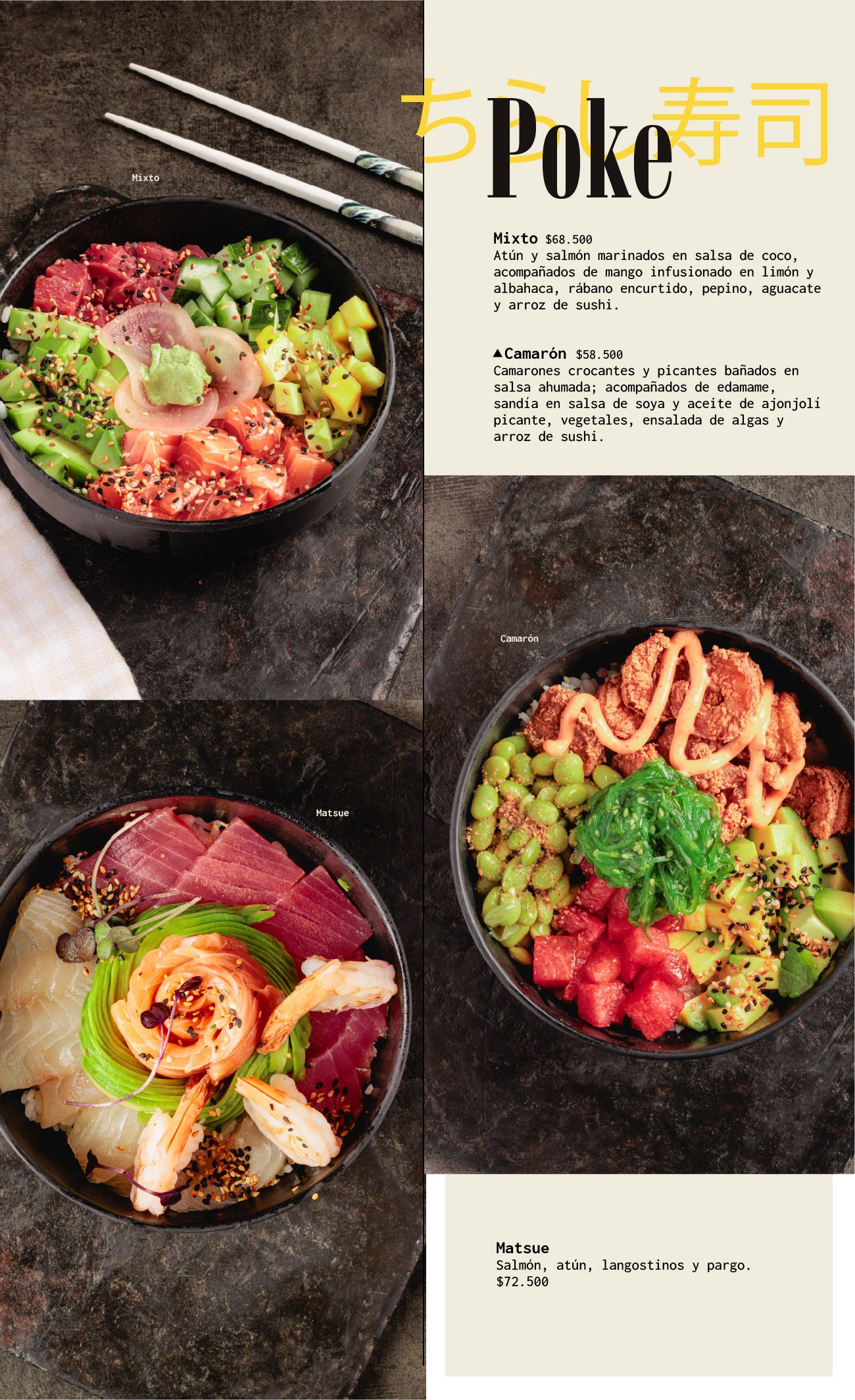 Cuatro tazones de poke con diferentes ingredientes, incluyendo atún, salmón, langostinos y otros mariscos, acompañados de arroz, verduras y salsas, con un menú que describe las opciones y el precio en pesos mexicanos.