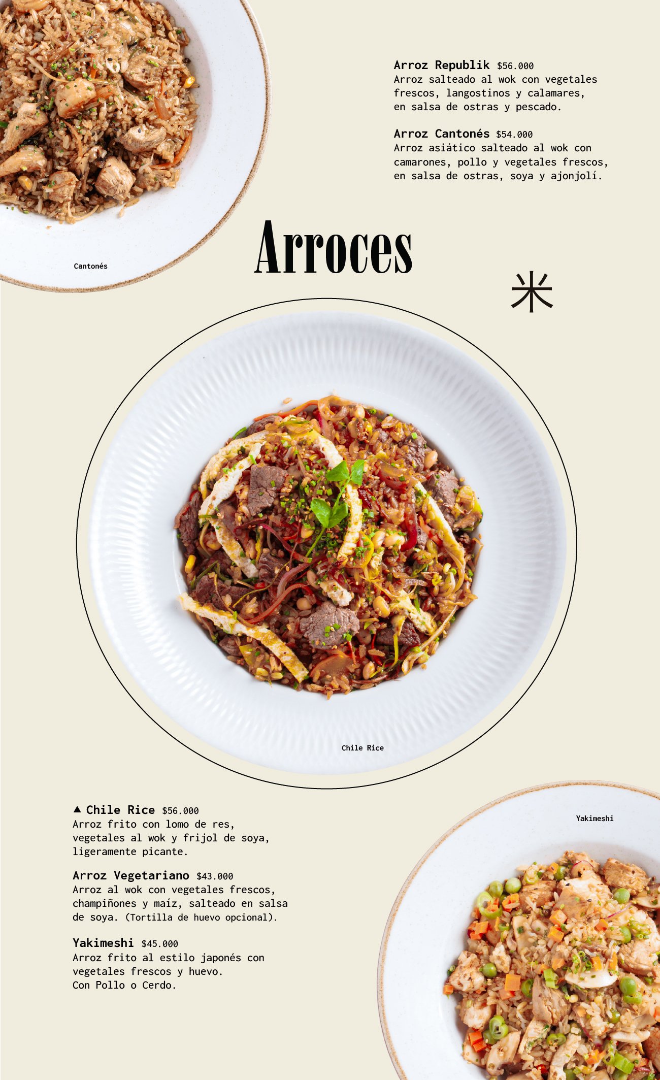 Plato de arroz frito con verduras, carne y huevo, decorado con cebollas verdes.