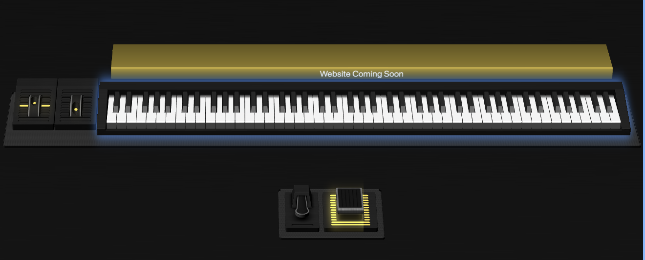 Digital piano keyboard with pedals and a wooden music stand displaying 'Website Coming Soon' on a dark background.
