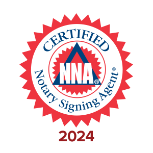 Certified Notary Signing Agent badge for 2024 with a red and blue design.