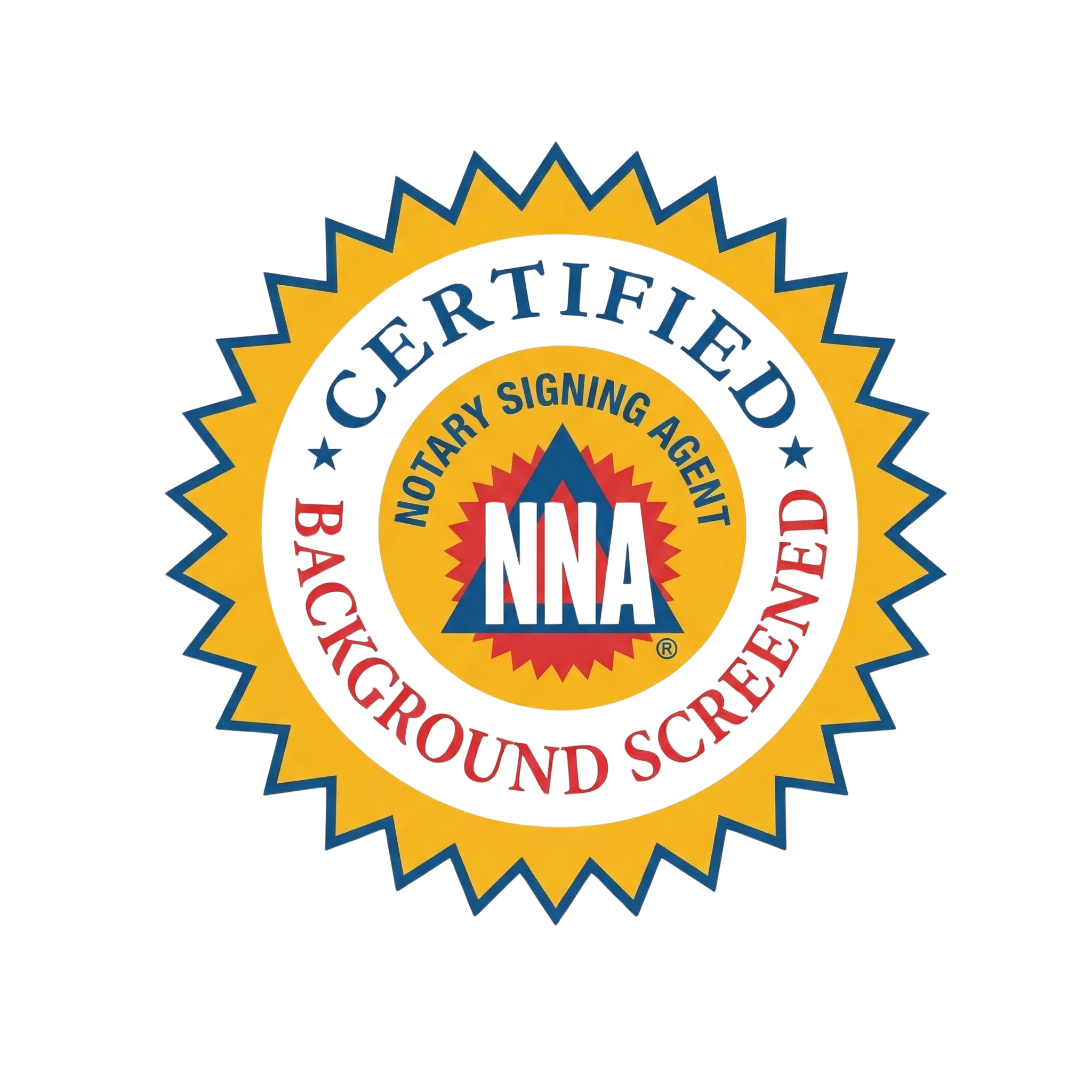 A certification badge with yellow, black, and red colors indicating approval for a notary signing agent for a backyard ground screen, with the letters NNA at the center.